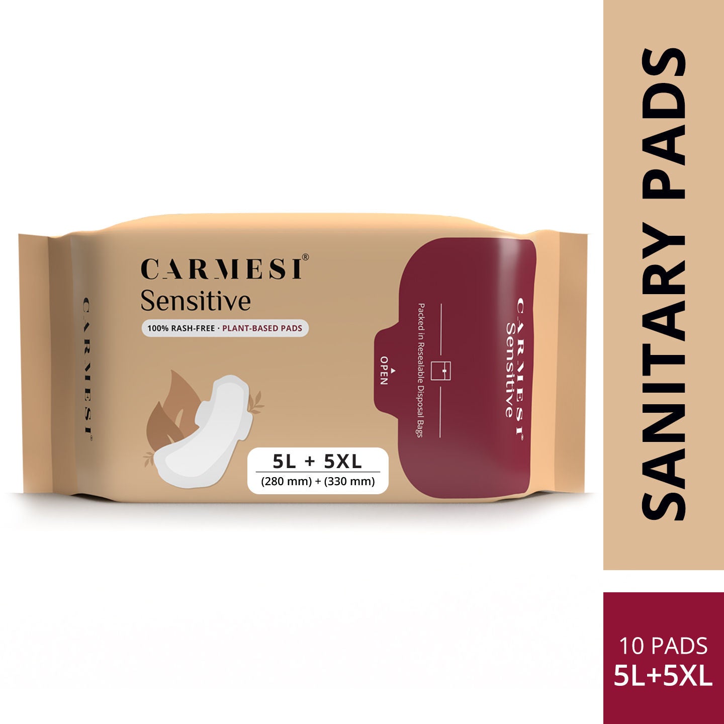 Carmesi Sensitive Sanitary Pads - 5L + 5XL - Certified 100% Rash-Free - With Disposal Bags