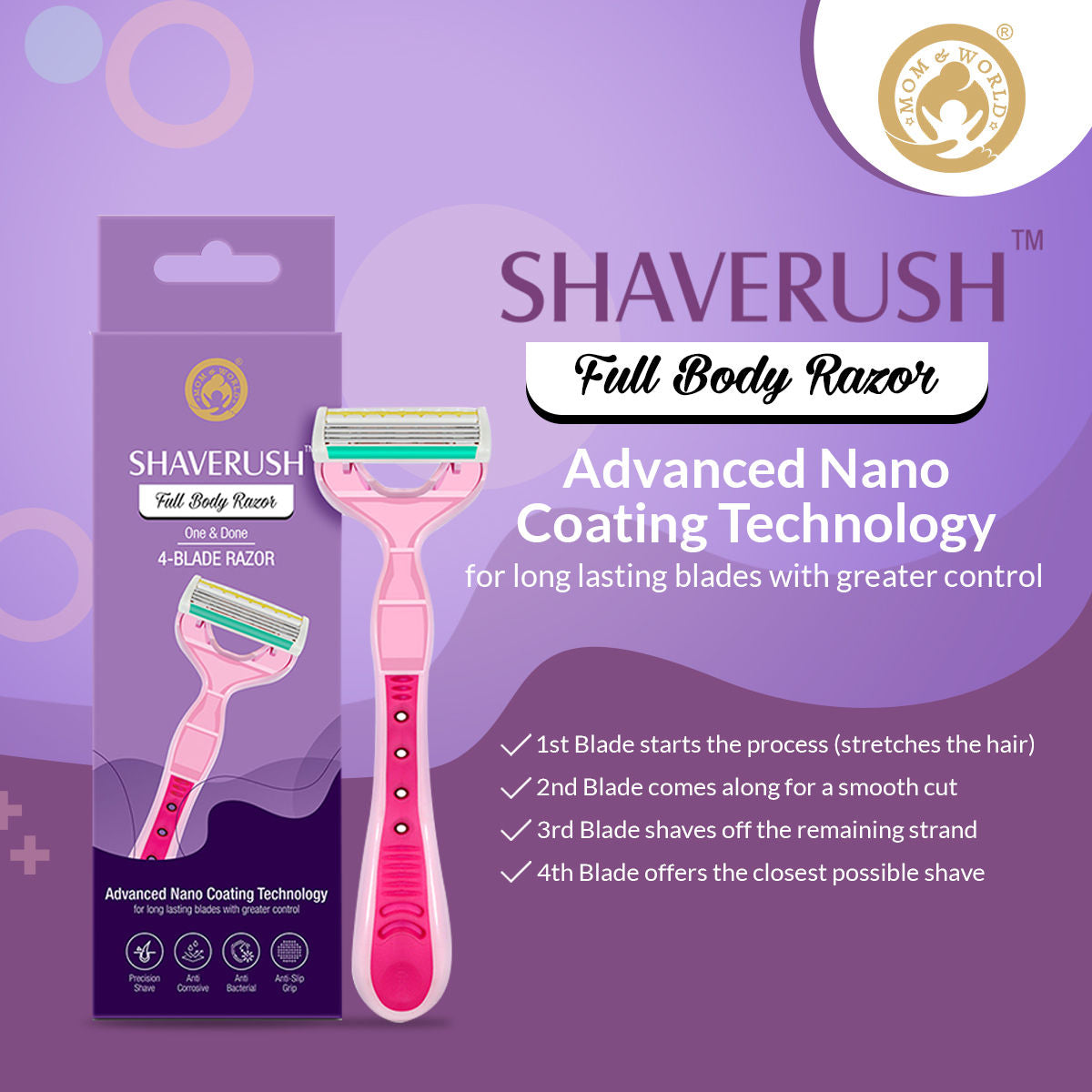 Mom & World Shaverush Full Body Razor With 4 Blades Nano Coating Technology & Lubricating Strip