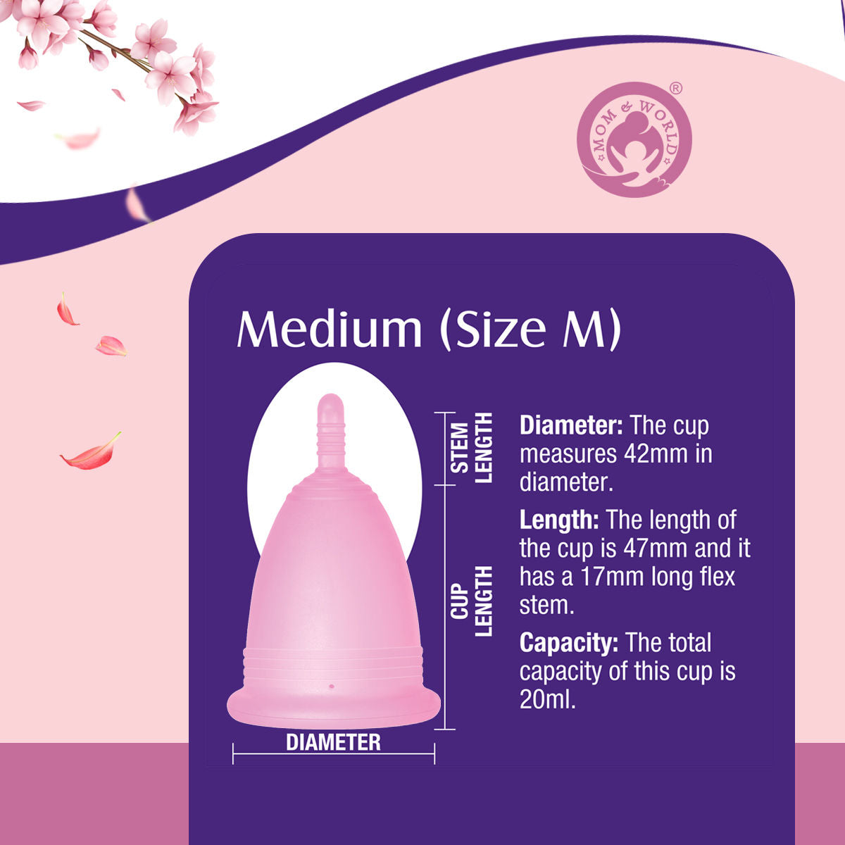 Mom & World Medical Grade Silicone, Odor And Rash Free Reusable Menstrual Cup - Medium