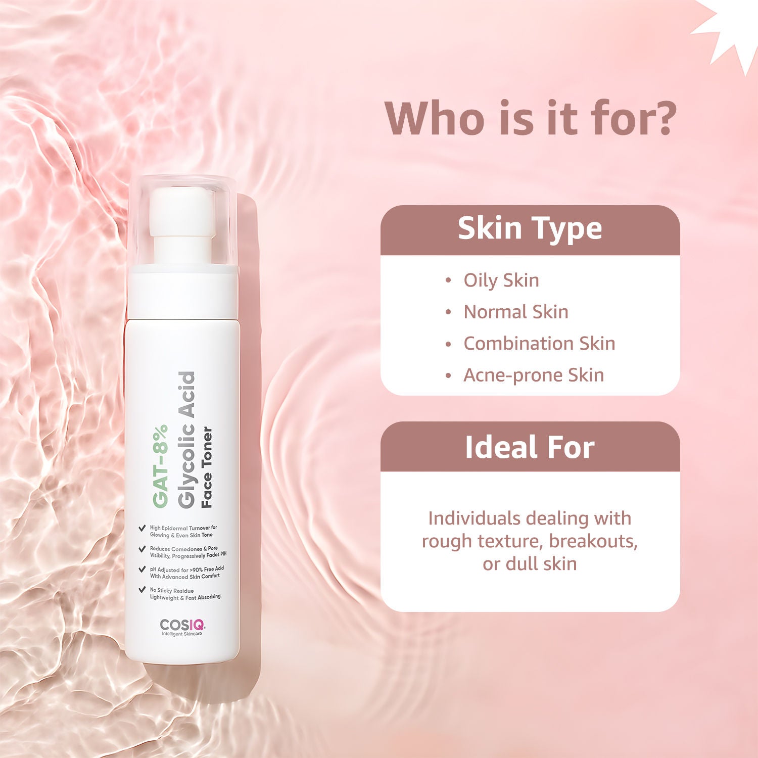 Cos-IQ Gat-8% Glycolic Acid Face Toner for Exfoliates, Glowing & Even Skin Tone All Skin Types