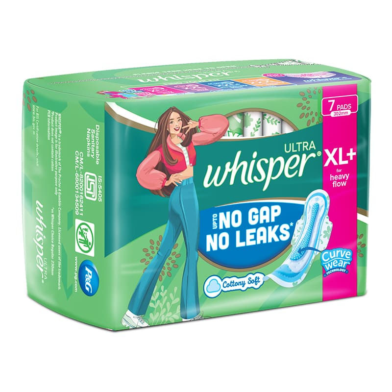 Whisper Ultra Upto No Gap No Leaks Sanitary Pads, 7 XL+ Pads, For Heavy Flow Protection