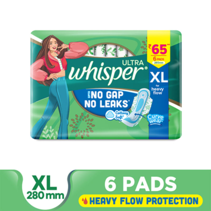Whisper Ultra Upto No Gap No Leaks Sanitary Pads, 6 XL Pads, For Heavy Flow Protection