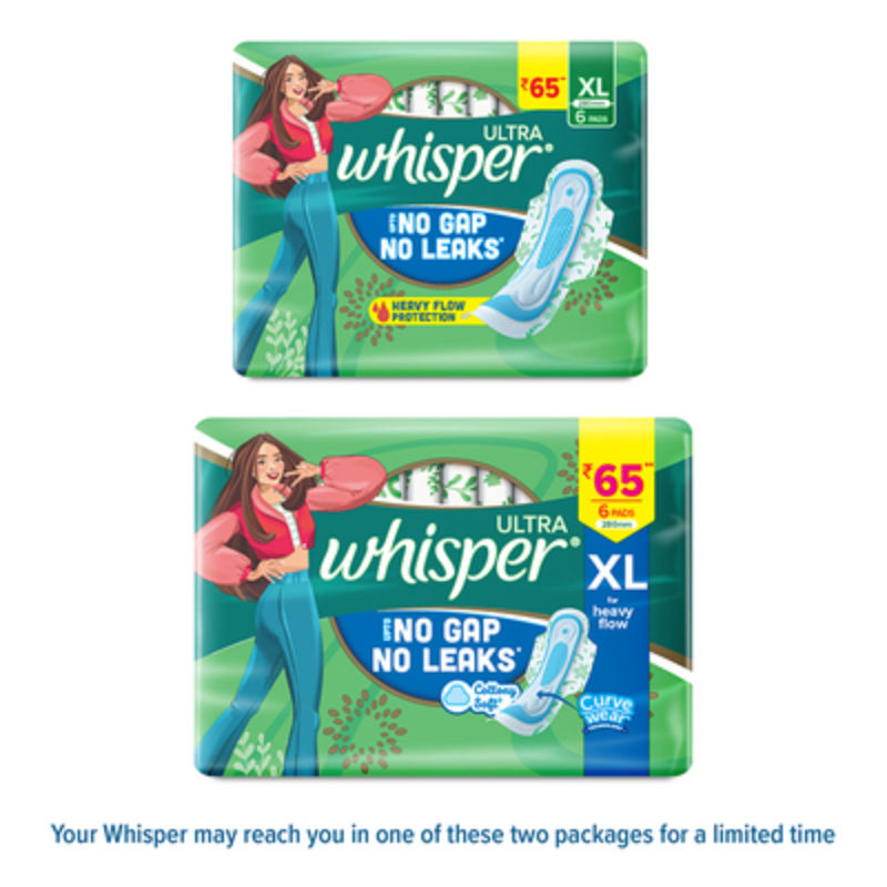 Whisper Ultra Upto No Gap No Leaks Sanitary Pads, 6 XL Pads, For Heavy Flow Protection