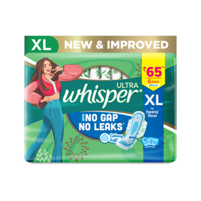 Whisper Ultra Upto No Gap No Leaks Sanitary Pads, 6 XL Pads, For Heavy Flow Protection