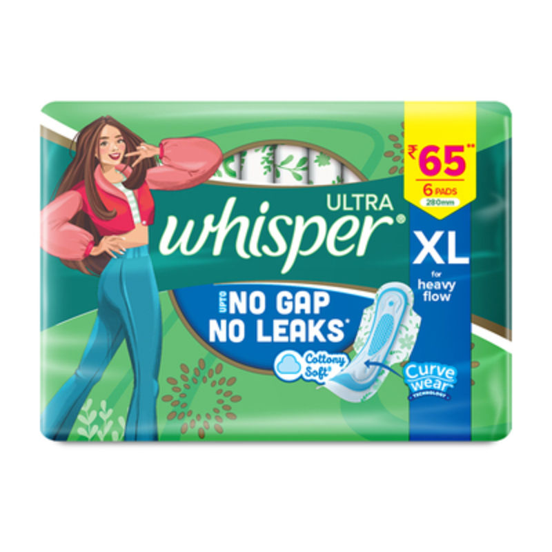 Whisper Ultra Upto No Gap No Leaks Sanitary Pads, 6 XL Pads, For Heavy Flow Protection