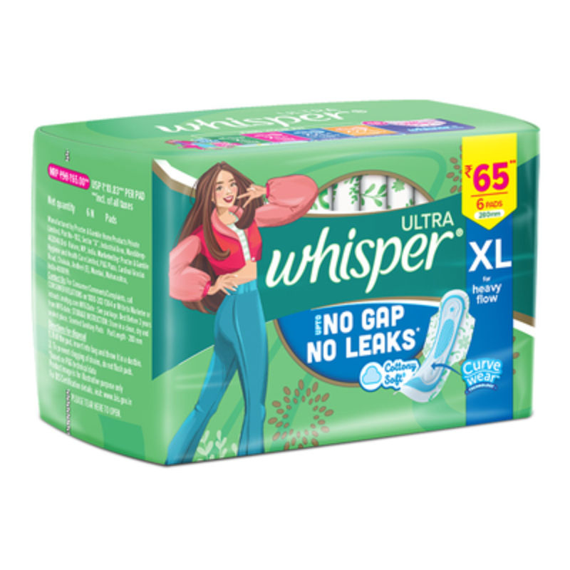 Whisper Ultra Upto No Gap No Leaks Sanitary Pads, 6 XL Pads, For Heavy Flow Protection