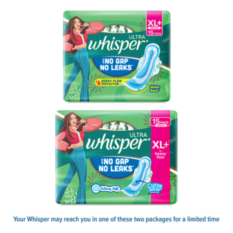 Whisper Ultra Upto No Gap No Leaks Sanitary Pads, 15 XL+ Pads, For Heavy Flow Protection