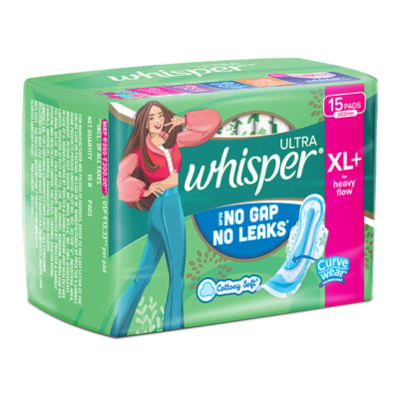 Whisper Ultra Upto No Gap No Leaks Sanitary Pads, 15 XL+ Pads, For Heavy Flow Protection