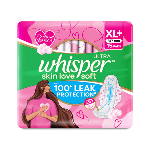 Whisper Ultra Skinlove Soft Sanitary Pads For Women,15 Thin Pads-Xl+,Our #1 Softness,Irritation Free