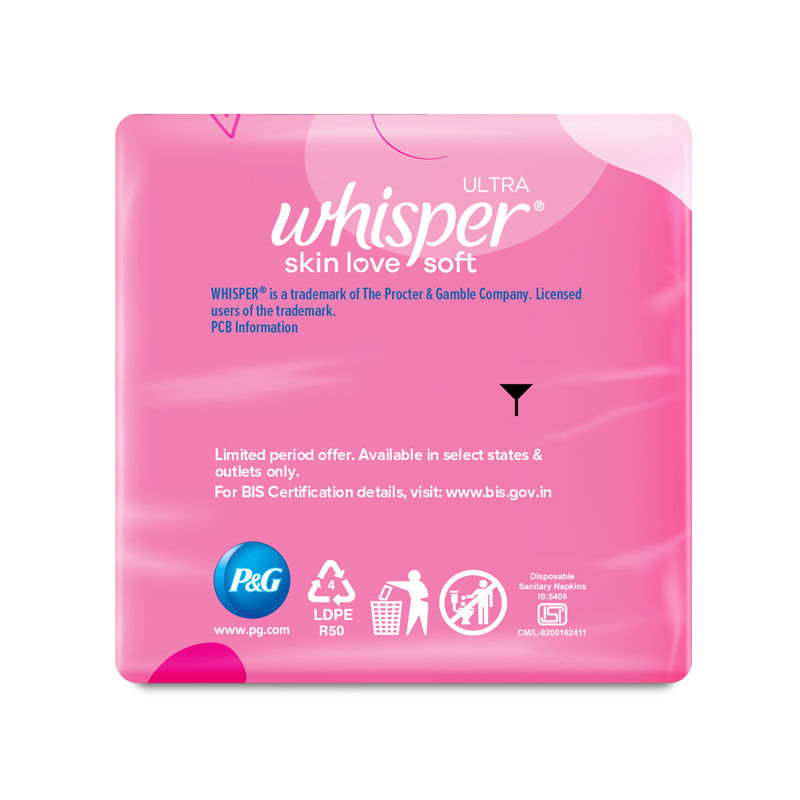 Whisper Ultra Skinlove Soft Sanitary Pads For Women,15 Thin Pads-Xl+,Our #1 Softness,Irritation Free