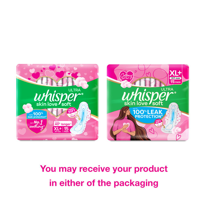 Whisper Ultra Skinlove Soft Sanitary Pads For Women,15 Thin Pads-Xl+,Our #1 Softness,Irritation Free