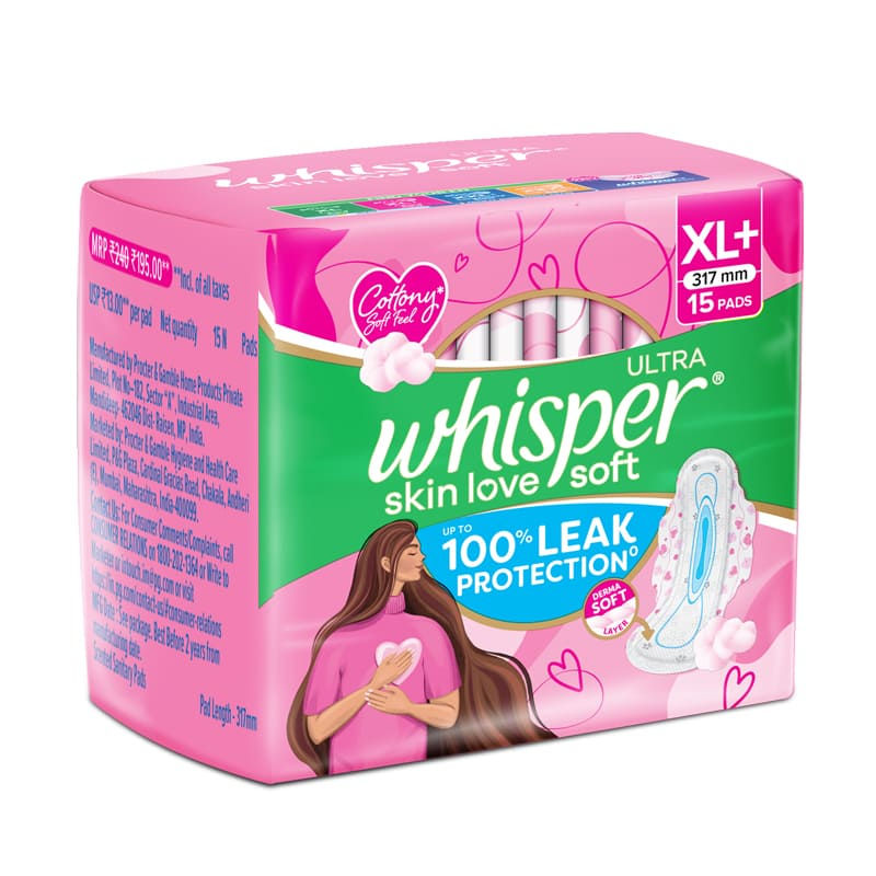 Whisper Ultra Skinlove Soft Sanitary Pads For Women,15 Thin Pads-Xl+,Our #1 Softness,Irritation Free