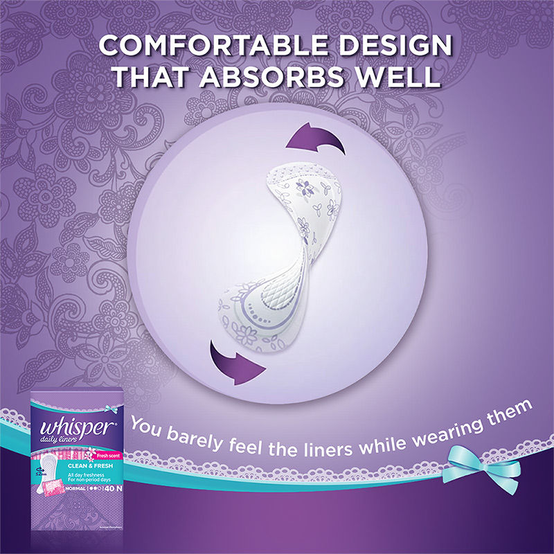 Whisper Clean and Fresh Daily Liners, 40 panty liners for women - Pack of 1