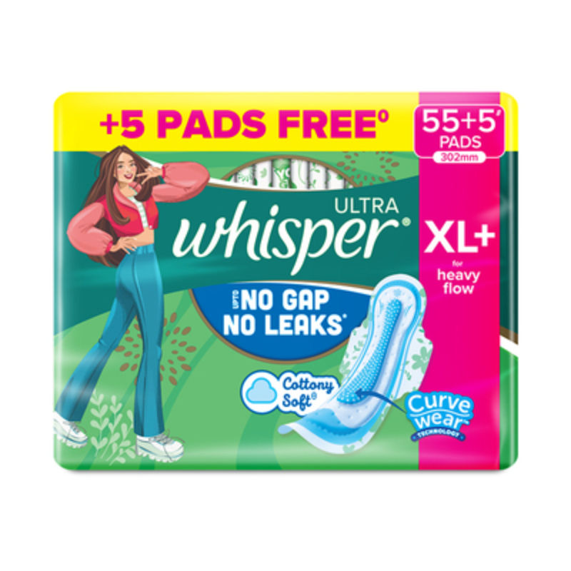 Whisper Ultra Upto No Gap No Leaks Sanitary Pads, 60 XL+ Pads, For Heavy Flow Protection