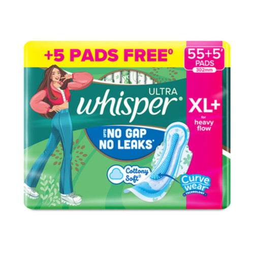 Whisper Ultra Upto No Gap No Leaks Sanitary Pads, 60 XL+ Pads, For Heavy Flow Protection