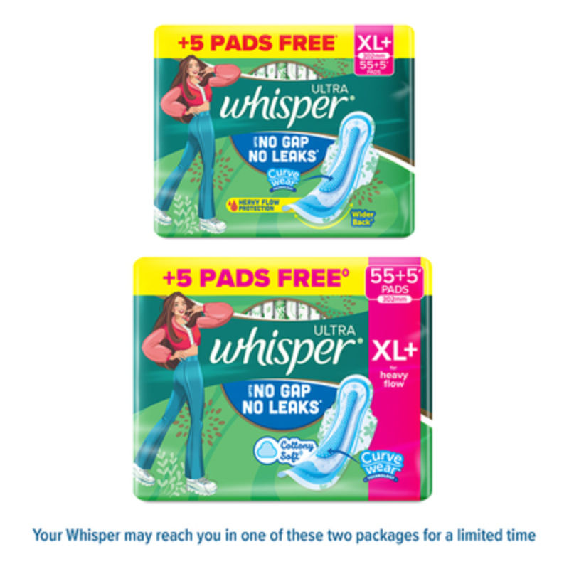 Whisper Ultra Upto No Gap No Leaks Sanitary Pads, 60 XL+ Pads, For Heavy Flow Protection