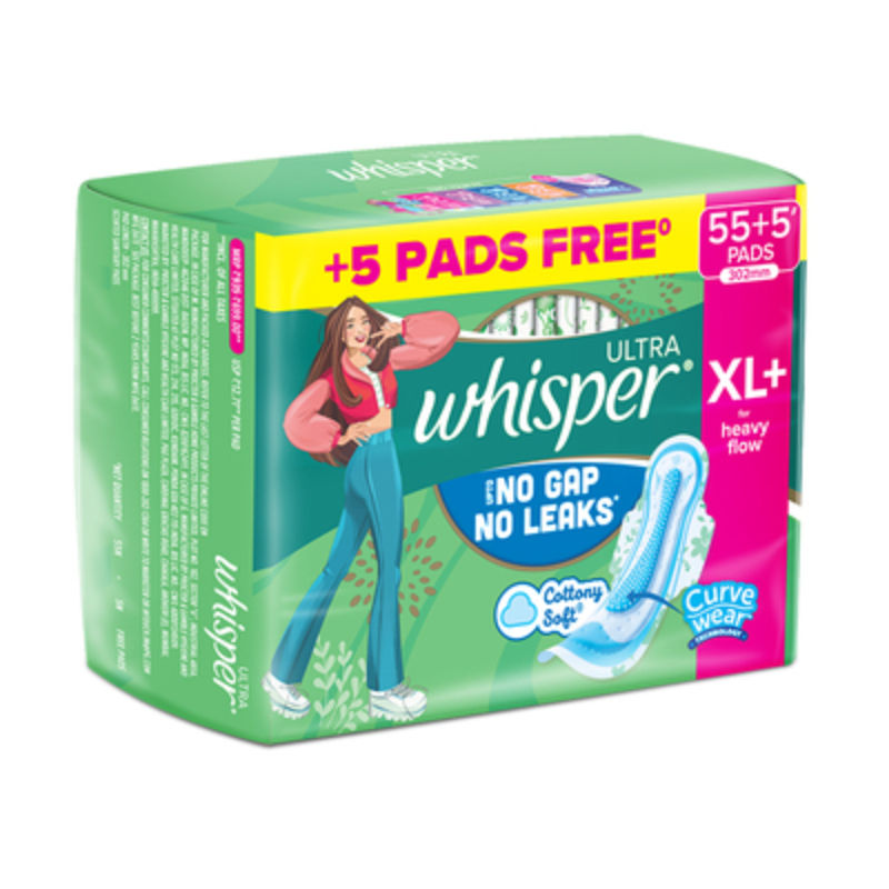 Whisper Ultra Upto No Gap No Leaks Sanitary Pads, 60 XL+ Pads, For Heavy Flow Protection