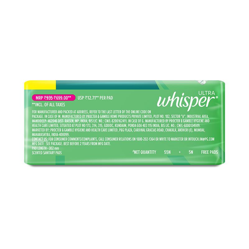 Whisper Ultra Upto No Gap No Leaks Sanitary Pads, 60 XL+ Pads, For Heavy Flow Protection