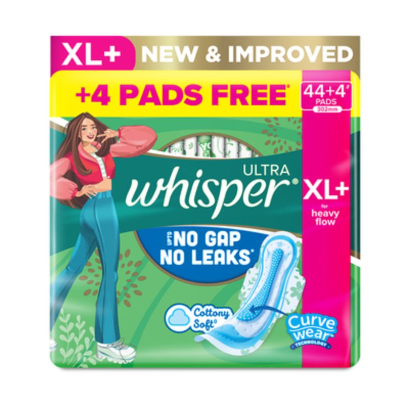 Whisper Ultra Upto No Gap No Leaks Sanitary Pads, 48 XL+ Pads, For Heavy Flow Protection