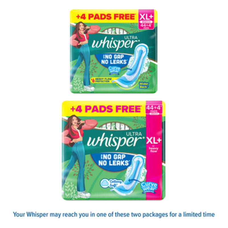 Whisper Ultra Upto No Gap No Leaks Sanitary Pads, 48 XL+ Pads, For Heavy Flow Protection