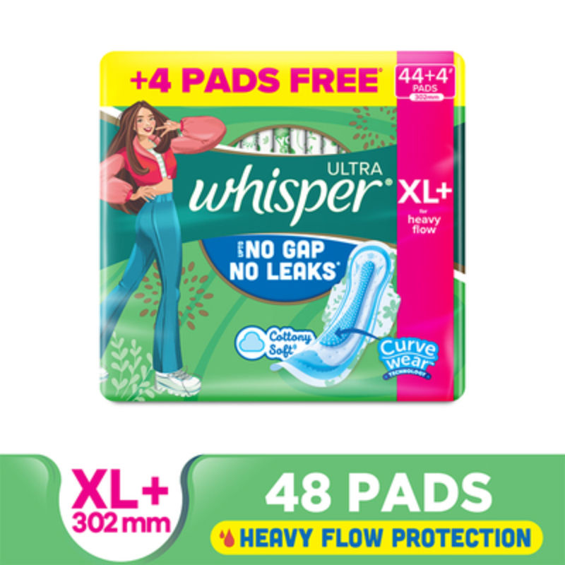 Whisper Ultra Upto No Gap No Leaks Sanitary Pads, 48 XL+ Pads, For Heavy Flow Protection