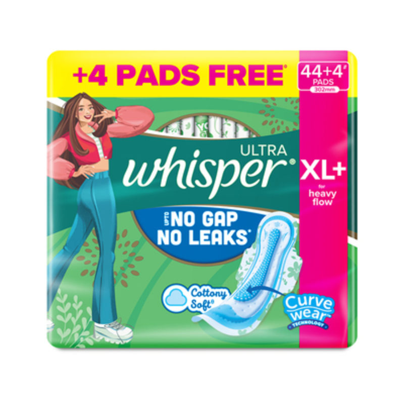 Whisper Ultra Upto No Gap No Leaks Sanitary Pads, 48 XL+ Pads, For Heavy Flow Protection