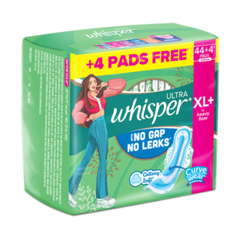 Whisper Ultra Upto No Gap No Leaks Sanitary Pads, 48 XL+ Pads, For Heavy Flow Protection