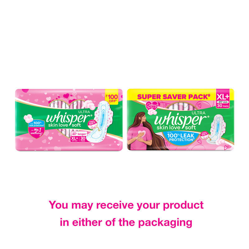 Whisper Ultra Skinlove Soft Sanitary Pads For Women,30 Thin Pads-Xl+,Our #1 Softness,Irritation Free