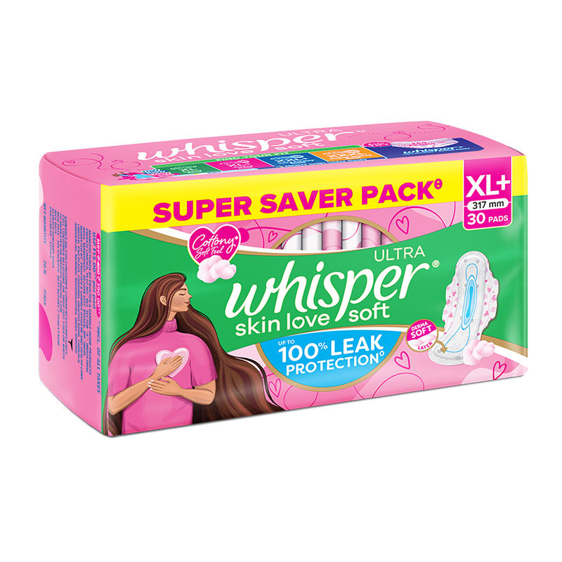 Whisper Ultra Skinlove Soft Sanitary Pads For Women,30 Thin Pads-Xl+,Our #1 Softness,Irritation Free