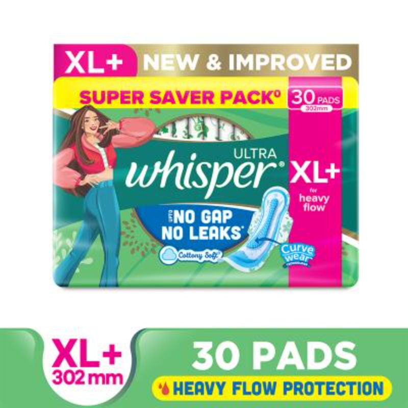 Whisper Ultra Upto No Gap No Leaks Sanitary Pads, 30 XL+ Pads, For Heavy Flow Protection