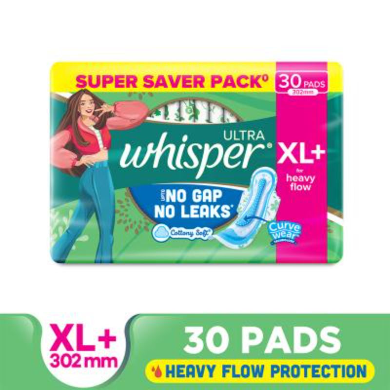 Whisper Ultra Upto No Gap No Leaks Sanitary Pads, 30 XL+ Pads, For Heavy Flow Protection