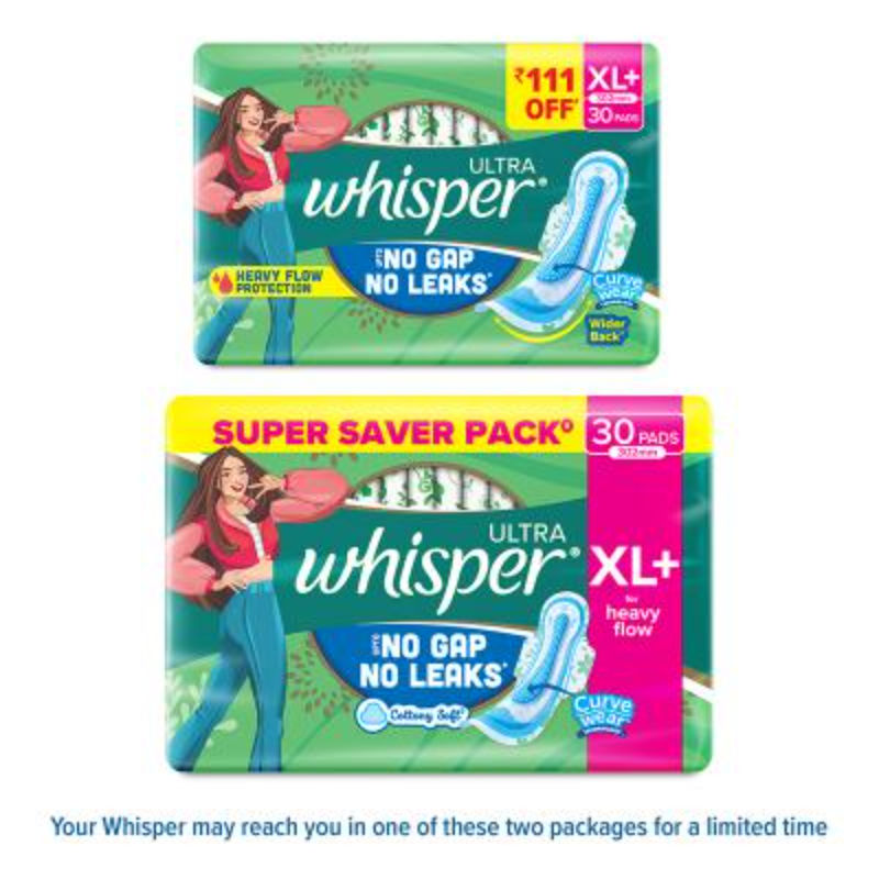 Whisper Ultra Upto No Gap No Leaks Sanitary Pads, 30 XL+ Pads, For Heavy Flow Protection