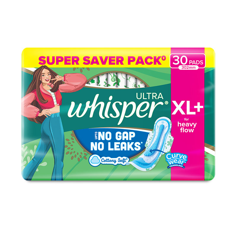 Whisper Ultra Upto No Gap No Leaks Sanitary Pads, 30 XL+ Pads, For Heavy Flow Protection