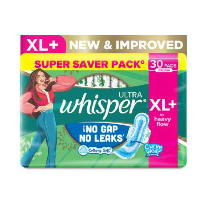 Whisper Ultra Upto No Gap No Leaks Sanitary Pads, 30 XL+ Pads, For Heavy Flow Protection