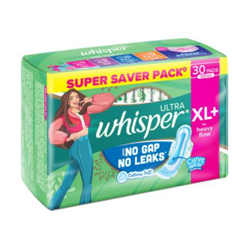 Whisper Ultra Upto No Gap No Leaks Sanitary Pads, 30 XL+ Pads, For Heavy Flow Protection