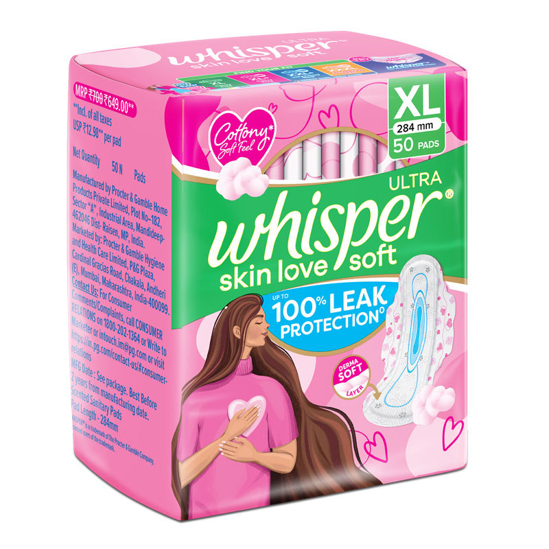 Whisper Ultra Skinlove Soft Sanitary Pads For Women,50 Thin Pads-Xl,Our #1 Softness,Irritation Free