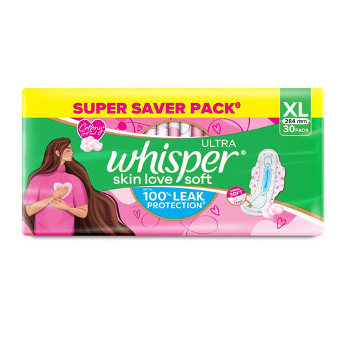 Whisper Ultra Skinlove Soft Sanitary Pads For Women,30 Thin Pads-Xl,Our #1 Softness,Irritation Free