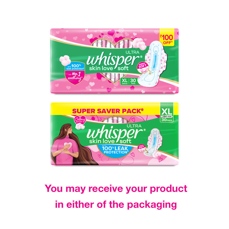 Whisper Ultra Skinlove Soft Sanitary Pads For Women,30 Thin Pads-Xl,Our #1 Softness,Irritation Free