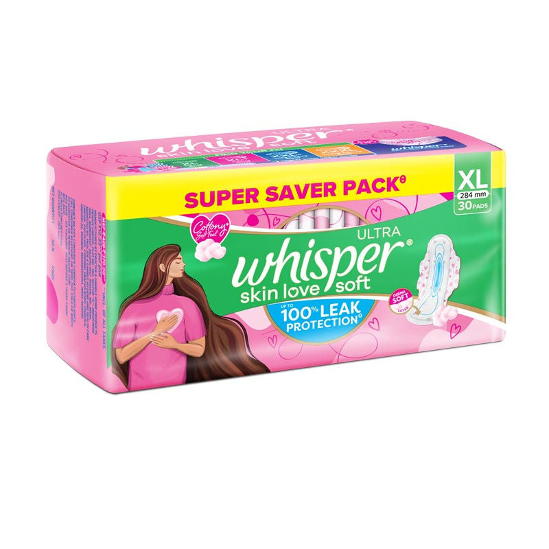 Whisper Ultra Skinlove Soft Sanitary Pads For Women,30 Thin Pads-Xl,Our #1 Softness,Irritation Free