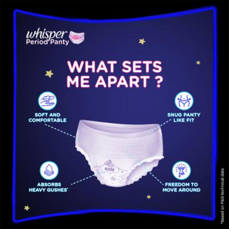 Whisper Super Absorbent Period Panty, 6 M-L Pants, 360 Degree Leakage Protection for Heavy Flow