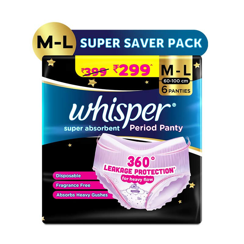 Whisper Super Absorbent Period Panty, 6 M-L Pants, 360 Degree Leakage Protection for Heavy Flow