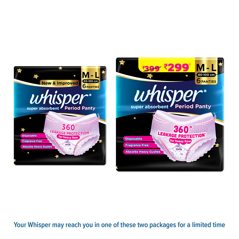 Whisper Super Absorbent Period Panty, 6 M-L Pants, 360 Degree Leakage Protection for Heavy Flow