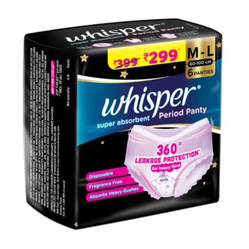 Whisper Super Absorbent Period Panty, 6 M-L Pants, 360 Degree Leakage Protection for Heavy Flow