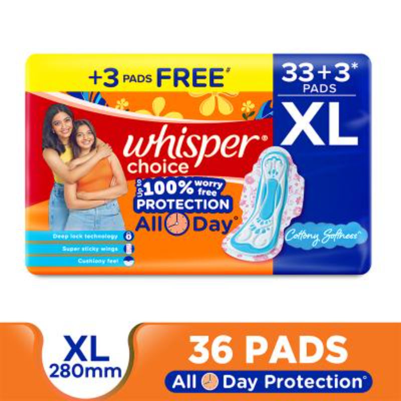 Whisper Choice XL, 36 XL Pads for medium to heavy flow, Gives Up to 100% worry-free protection