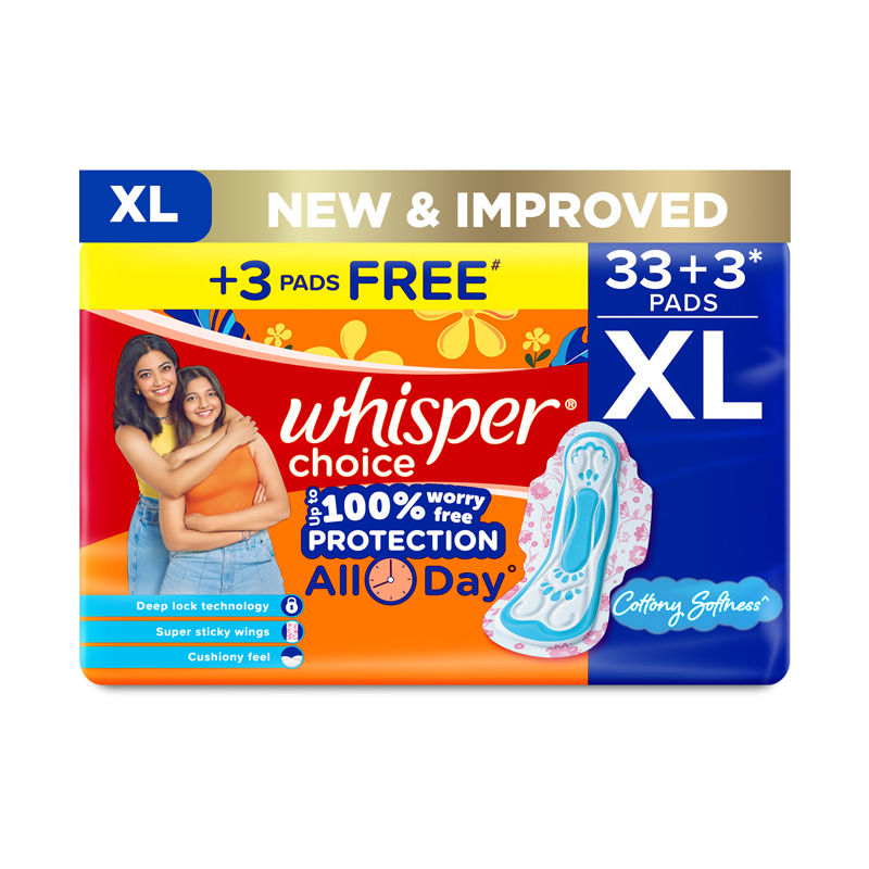 Whisper Choice XL, 36 XL Pads for medium to heavy flow, Gives Up to 100% worry-free protection