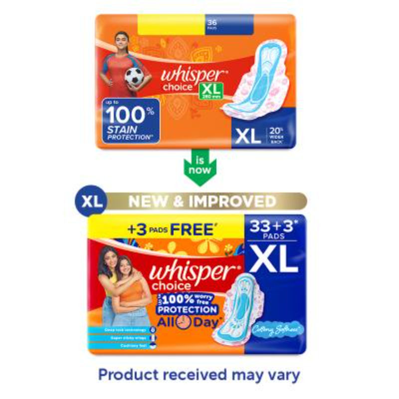 Whisper Choice XL, 36 XL Pads for medium to heavy flow, Gives Up to 100% worry-free protection