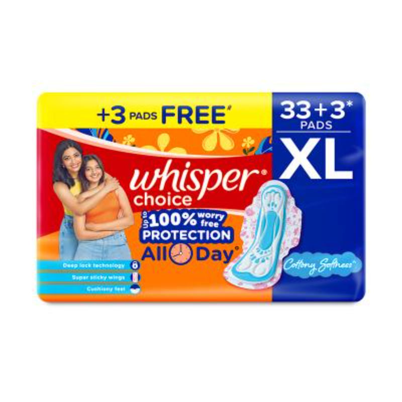 Whisper Choice XL, 36 XL Pads for medium to heavy flow, Gives Up to 100% worry-free protection