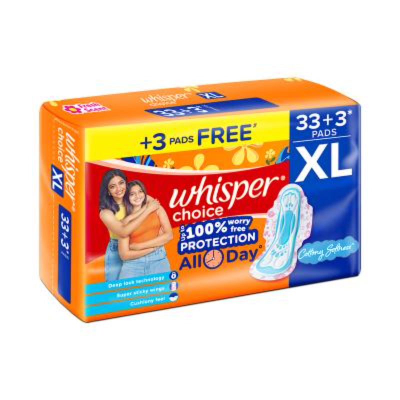 Whisper Choice XL, 36 XL Pads for medium to heavy flow, Gives Up to 100% worry-free protection