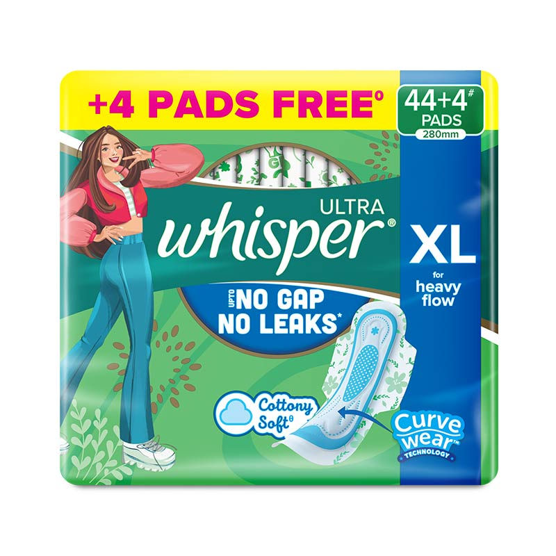 Whisper Ultra Upto No Gap No Leaks Sanitary Pads, 48 XL Pads, For Heavy Flow Protection