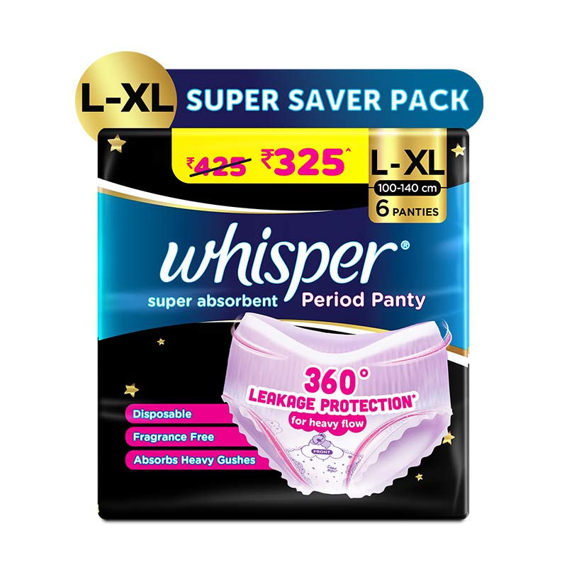 Whisper Super Absorbent Period Panty, 6 L-XL Pants, 360 Degree Leakage Protection for Heavy Flow